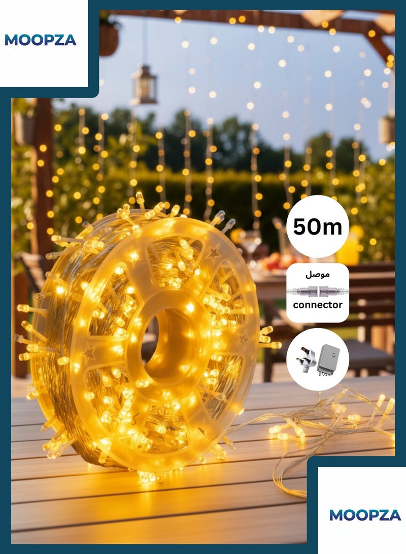 مووبزا إضاءة خيطية LED بطول ٥٠ متر باللون الأصفر مع موصل و٨ أوضاع إضاءة لزينة رمضان والعيد، إضاءة قابلة للتوصيل للاستخدام الداخلي والخارجي زينة الحدائق - Image 1